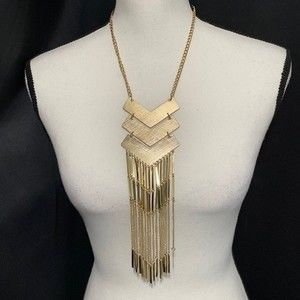 Gold Tone Long Chevron Fring Chain Necklace